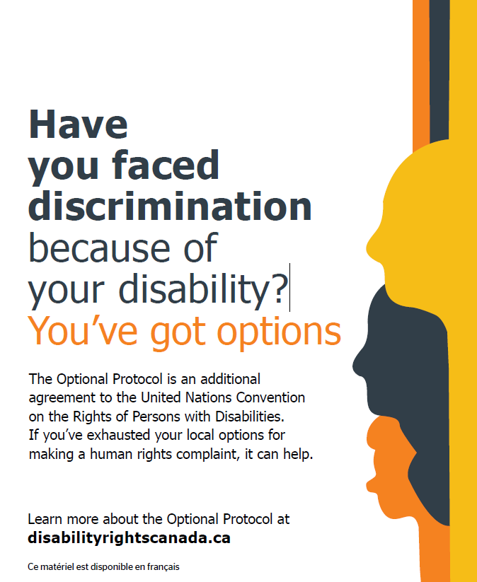 L'Image de l'affiche montrant les mots Avez-vous fait l'objet de discrimination en raison de votre handicap? Vous avez des options de TÉLÉCHARGEMENT en ANGLAIS